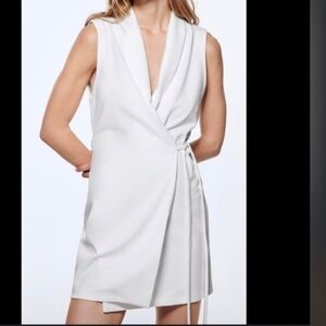 WOMEN'S ZARA WHITE BLAZER MINI DRESS WITH TIE BELT SZ SMALL $70